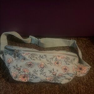 Blue and Pink Floral Crossbody Bag with Zipper Closure